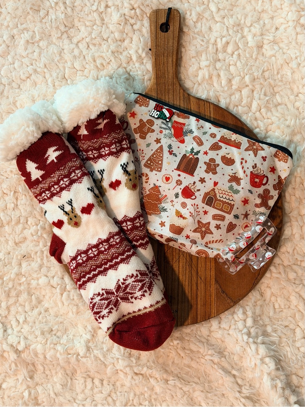 NWT Holiday Cozy Gift Bundle | Sherpa Reindeer Socks Gingerbread Pouch Claw Clip
